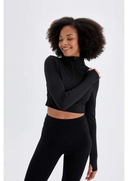 Fit Slim Fit Dar Kesim Fermuarlı Dik Yaka Sporcu Uzun Kollu Tişört