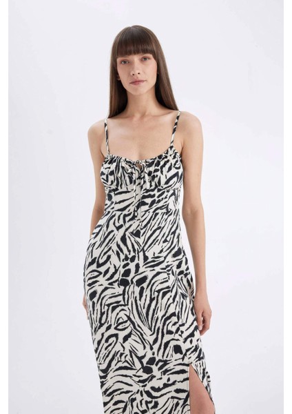 A Kesim Kalp Yaka Zebra Desenli Viskon Askılı Maxi Elbise A9283AX24HS