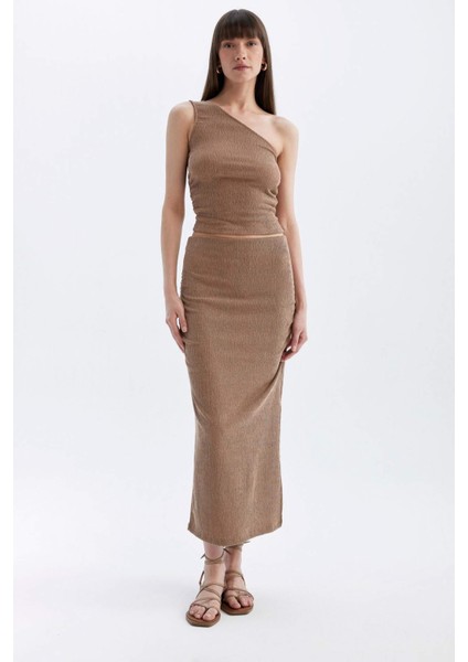 Straight Fit Normal Bel Bürümcük Midi Etek