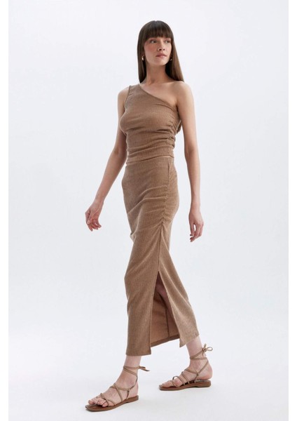 Straight Fit Normal Bel Bürümcük Midi Etek