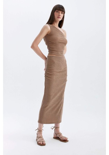 Straight Fit Normal Bel Bürümcük Midi Etek