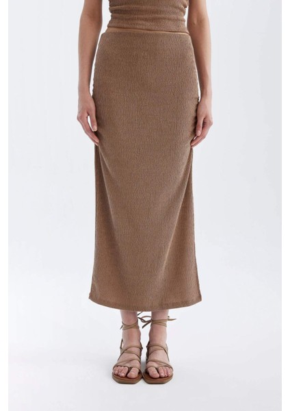 Straight Fit Normal Bel Bürümcük Midi Etek