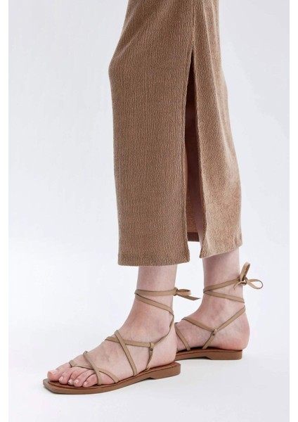 Straight Fit Normal Bel Bürümcük Midi Etek