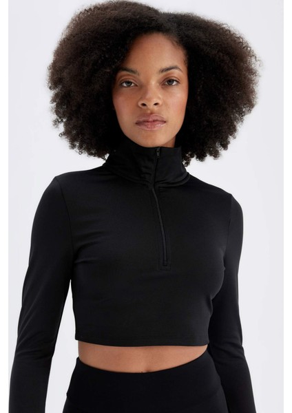 Fit Slim Fit Dar Kesim Fermuarlı Dik Yaka Sporcu Uzun Kollu Tişört