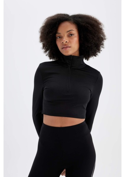 Fit Slim Fit Dar Kesim Fermuarlı Dik Yaka Sporcu Uzun Kollu Tişört