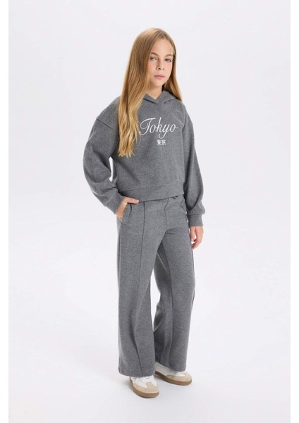 Kız Çocuk Antrasit Wide Leg Geniş Bol Paça Beli Lastikli Cepli Eşofman Altı D4640A824WN