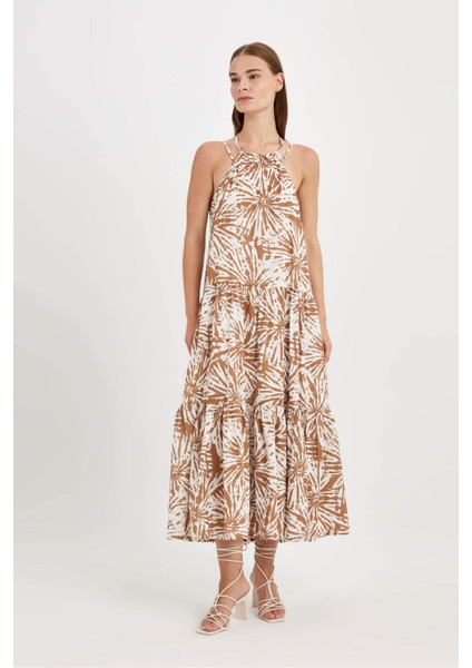 A Kesim Halter Yaka Çiçek Desenli Vual Kolsuz Maxi Elbise