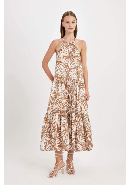 A Kesim Halter Yaka Çiçek Desenli Vual Kolsuz Maxi Elbise