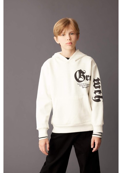 Erkek Çocuk Ekru Kapüşonlu Baskılı Sweatshirt D3097A824AU