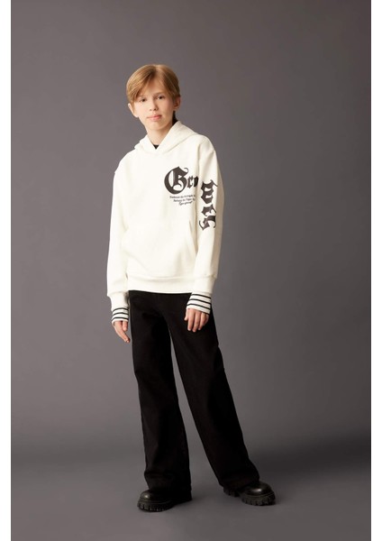 Erkek Çocuk Ekru Kapüşonlu Baskılı Sweatshirt D3097A824AU