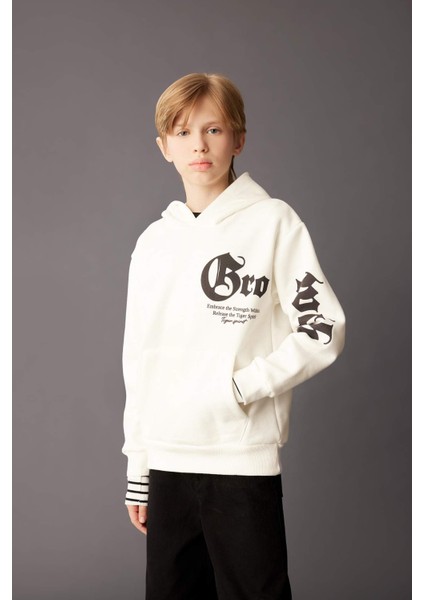 Erkek Çocuk Ekru Kapüşonlu Baskılı Sweatshirt D3097A824AU