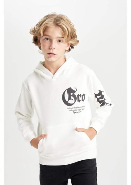 Erkek Çocuk Ekru Kapüşonlu Baskılı Sweatshirt D3097A824AU