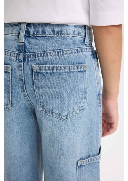 Kız Çocuk Wide Leg Kargo Cepli Geniş Bol Paça Jean Pantolon D3718A824WN