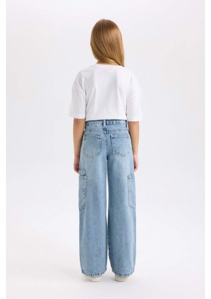 Kız Çocuk Wide Leg Kargo Cepli Geniş Bol Paça Jean Pantolon D3718A824WN