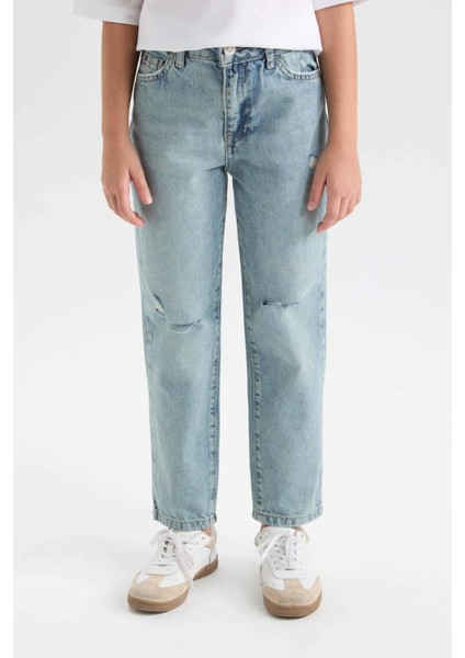 Kız Çocuk Okul Mom Fit Yırtık Detaylı Dar Paça Jean Pantolon D3524A824WN