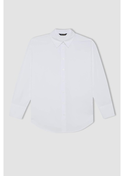 Oversize Geniş Kalıp Poplin Uzun Kollu Basic Düz Beyaz Gömlek T8735AZ24AU