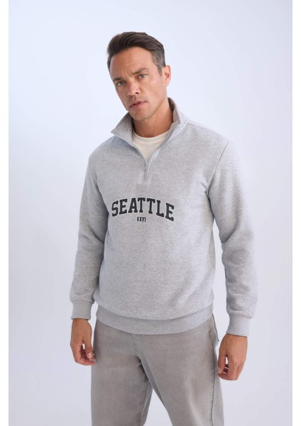 Relax Fit Fermuarlı Dik Yaka Baskılı Kalın Sweatshirt D4715AX24AU