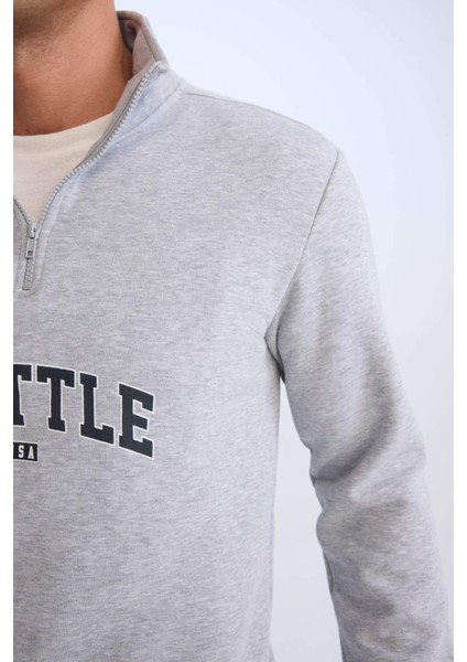 Relax Fit Fermuarlı Dik Yaka Baskılı Kalın Sweatshirt D4715AX24AU