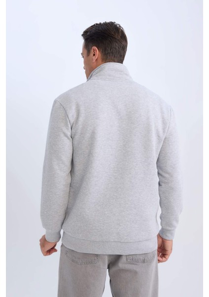 Relax Fit Fermuarlı Dik Yaka Baskılı Kalın Sweatshirt D4715AX24AU