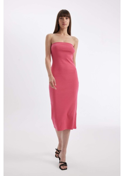 Bodycon Vücudu Saran Straplez Fitilli Kaşkorse Midi Abiye Elbise D4440AX24HS