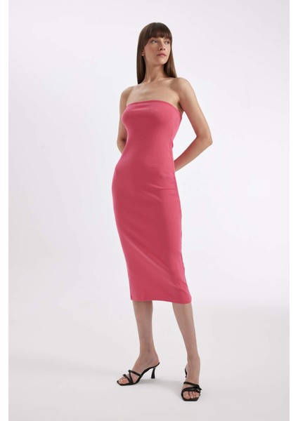 Bodycon Vücudu Saran Straplez Fitilli Kaşkorse Midi Abiye Elbise D4440AX24HS