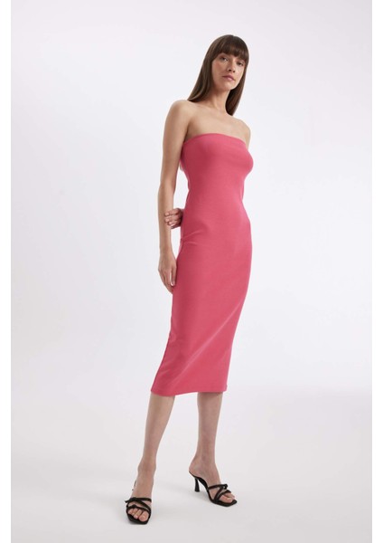 Bodycon Vücudu Saran Straplez Fitilli Kaşkorse Midi Abiye Elbise D4440AX24HS