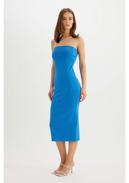 Bodycon Vücudu Saran Straplez Fitilli Kaşkorse Midi Abiye Elbise D4440AX24HS