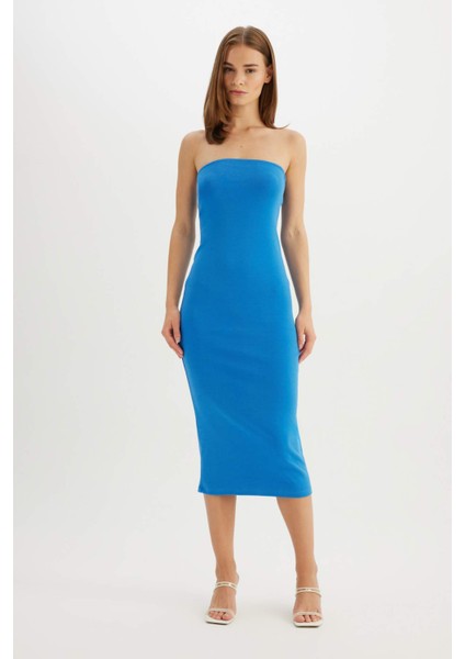 Bodycon Vücudu Saran Straplez Fitilli Kaşkorse Midi Abiye Elbise D4440AX24HS