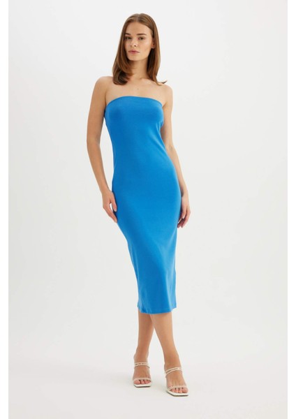 Bodycon Vücudu Saran Straplez Fitilli Kaşkorse Midi Abiye Elbise D4440AX24HS