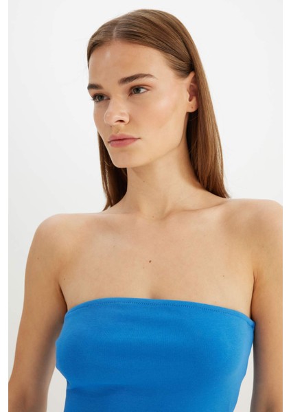 Bodycon Vücudu Saran Straplez Fitilli Kaşkorse Midi Abiye Elbise D4440AX24HS