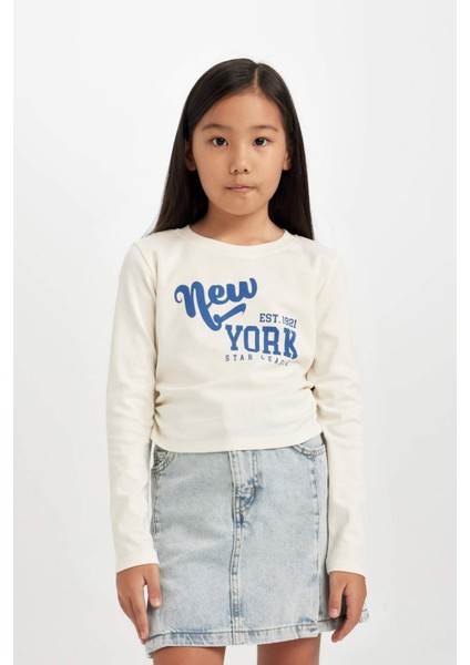 Kız Çocuk Cropped Fit Bisiklet Yaka Baskılı Ribana Uzun Kollu Tişört D2987A824AU