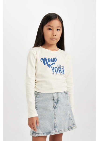 Kız Çocuk Cropped Fit Bisiklet Yaka Baskılı Ribana Uzun Kollu Tişört D2987A824AU