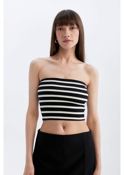 Slim Fit Dar Kesim Çizgili Straplez Fitilli Kaşkorse Bluz D4549AX24SM