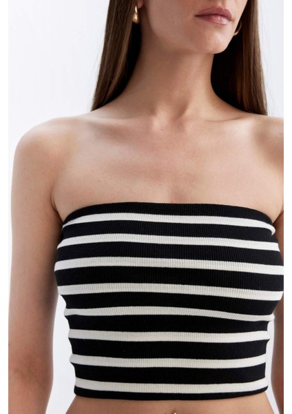 Slim Fit Dar Kesim Çizgili Straplez Fitilli Kaşkorse Bluz D4549AX24SM