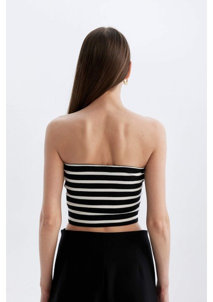 Slim Fit Dar Kesim Çizgili Straplez Fitilli Kaşkorse Bluz D4549AX24SM