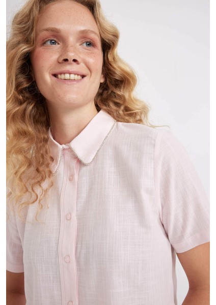 Crop Kısa Kollu Açık Pembe Gömlek D4170AX24SM