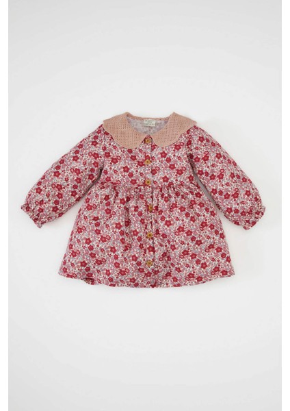 Kız Bebek Geniş Örgü Yaka Çiçek Desenli Düğmeli Uzun Kollu Twill Elbise D3073A524AU