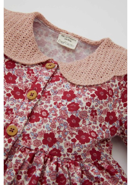 Kız Bebek Geniş Örgü Yaka Çiçek Desenli Düğmeli Uzun Kollu Twill Elbise D3073A524AU