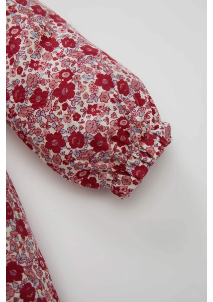 Kız Bebek Geniş Örgü Yaka Çiçek Desenli Düğmeli Uzun Kollu Twill Elbise D3073A524AU