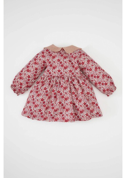 Kız Bebek Geniş Örgü Yaka Çiçek Desenli Düğmeli Uzun Kollu Twill Elbise D3073A524AU