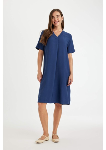 Regular Fit V Yaka Kısa Kollu Midi Elbise D4574AX24HS