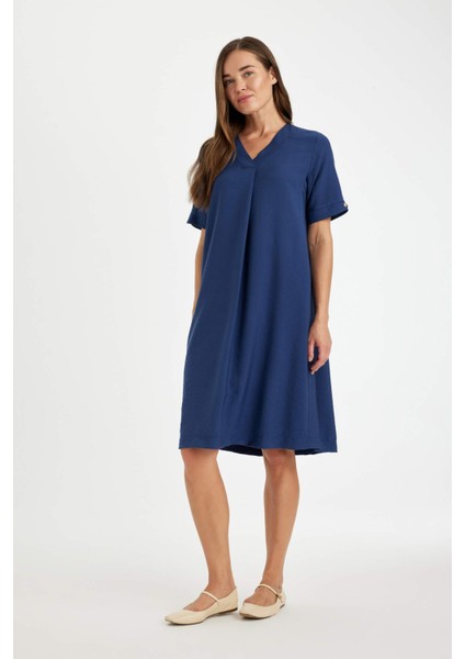 Regular Fit V Yaka Kısa Kollu Midi Elbise D4574AX24HS