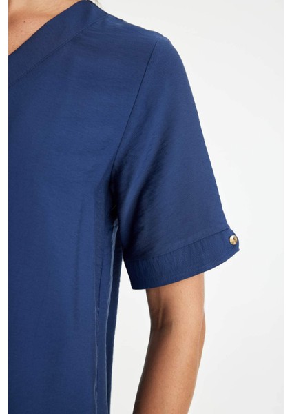 Regular Fit V Yaka Kısa Kollu Midi Elbise D4574AX24HS