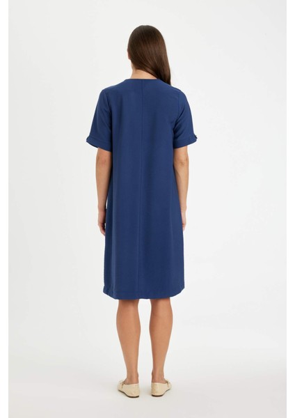 Regular Fit V Yaka Kısa Kollu Midi Elbise D4574AX24HS