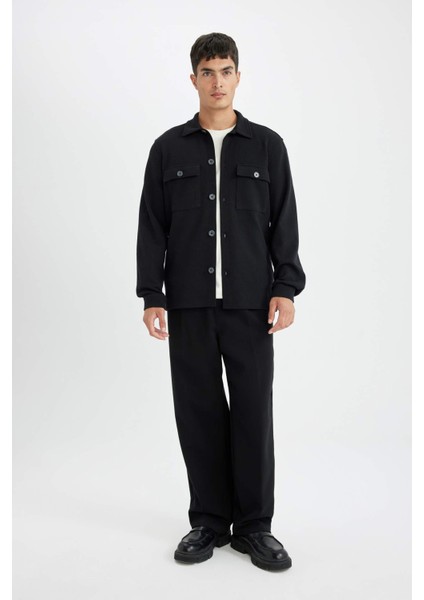 Siyah Polo Yaka Twill Uzun Kollu Gömlek Ceket D3381AX24AU