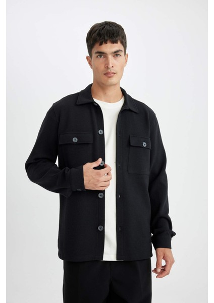 Siyah Polo Yaka Twill Uzun Kollu Gömlek Ceket D3381AX24AU