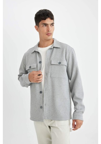 Gri Polo Yaka Twill Düz Uzun Kollu Gömlek Ceket D3381AX24AU