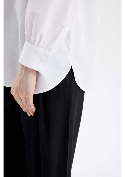 Beyaz Relax Fit Gömlek Yaka Poplin Basic Düz Uzun Kollu Gömlek Tunik D4159AX24AU