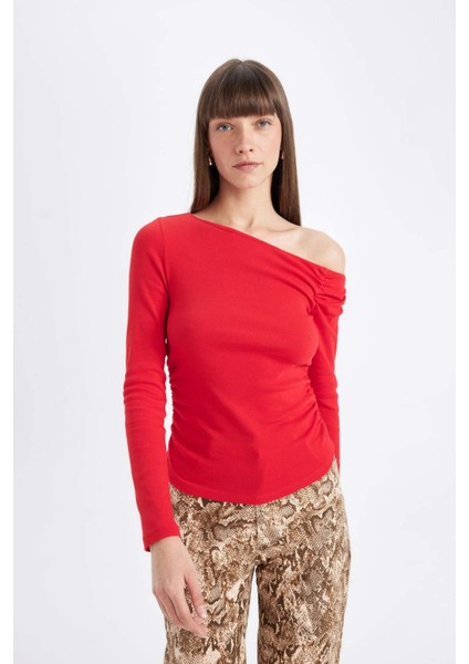 Kırmızı Slim Fit Dar Kesim Tek Omuzlu Ribana Basic Düz Uzun Kollu Tişört D4970AX24AU