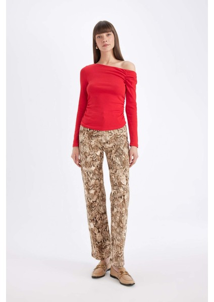 Kırmızı Slim Fit Dar Kesim Tek Omuzlu Ribana Basic Düz Uzun Kollu Tişört D4970AX24AU